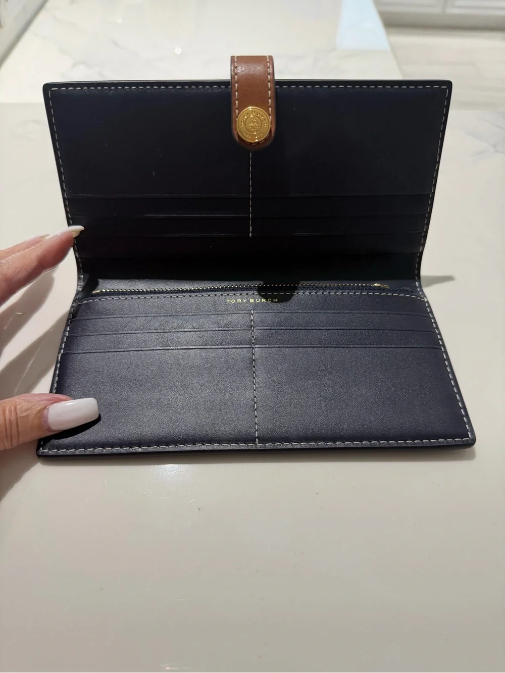 Tory Burch Navy Logo Canvas Continental Wallet with Brown Strap